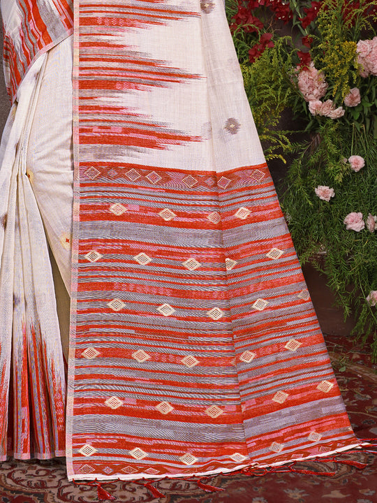 Cream Cotton Saree With Orange Blouse Piece