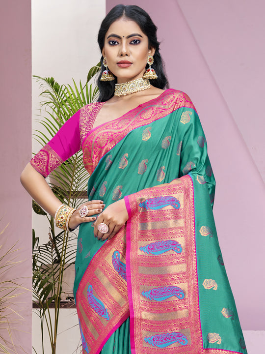 Teal Silk Saree With Blouse Piece