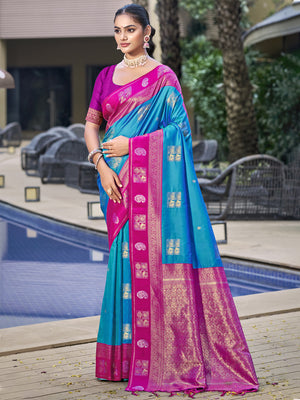 Blue Silk Saree With Blouse Piece