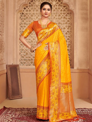 Yellow Silk Blend Saree With Blouse Piece