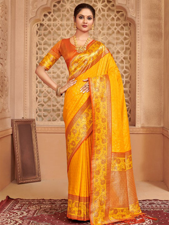 Yellow Silk Blend Saree With Blouse Piece