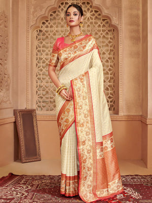 Off White Silk Blend Saree With Blouse Piece