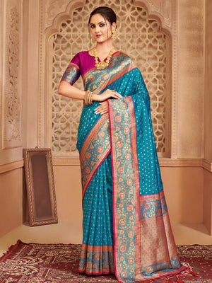 Blue Silk Blend Saree With Blouse Piece