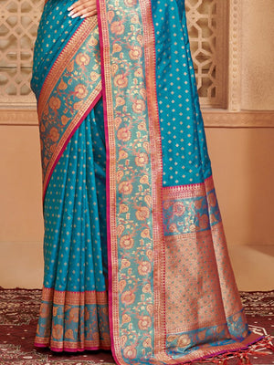 Blue Silk Blend Saree With Blouse Piece