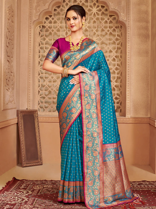 Blue Silk Blend Saree With Blouse Piece