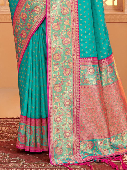 Sea Green Silk Blend Saree With Blouse Piece