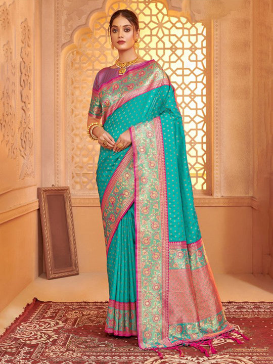 Sea Green Silk Blend Saree With Blouse Piece