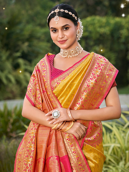 Yellow Banarasi silk Saree With Blouse Piece