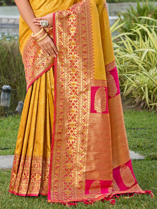 Yellow Banarasi silk Saree With Blouse Piece