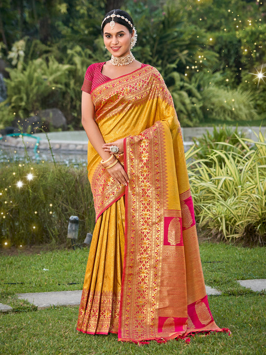 Yellow Banarasi silk Saree With Blouse Piece