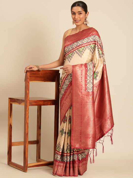 Cream Silk Saree With Blouse Piece