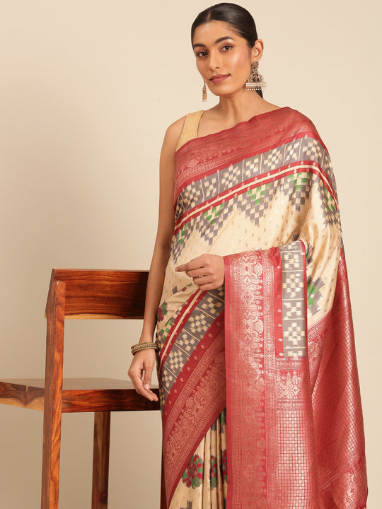 Cream Silk Saree With Blouse Piece