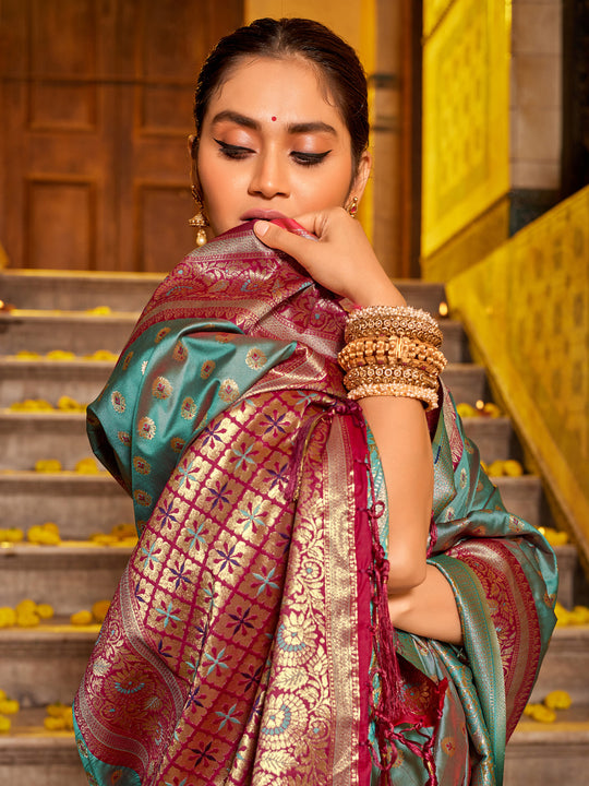 Sea Green Banarasi silk Saree With Blouse Piece