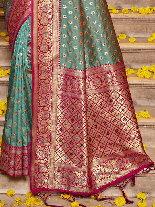 Sea Green Banarasi silk Saree With Blouse Piece