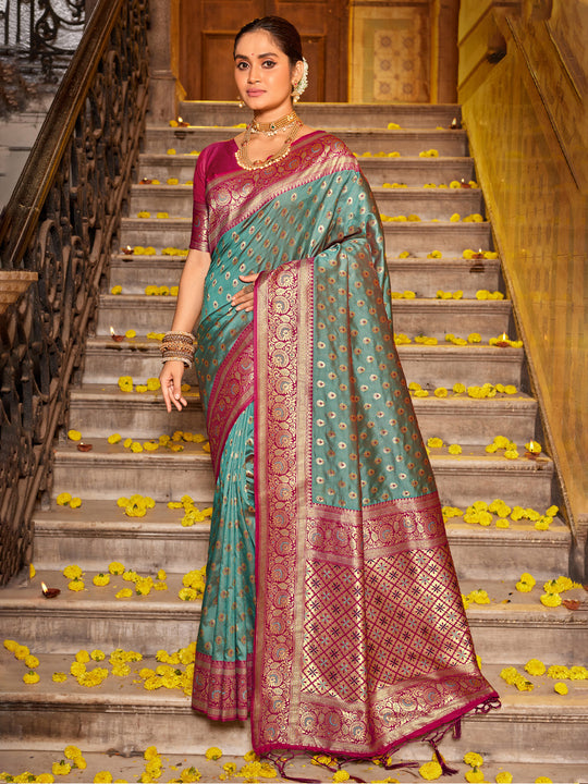 Sea Green Banarasi silk Saree With Blouse Piece
