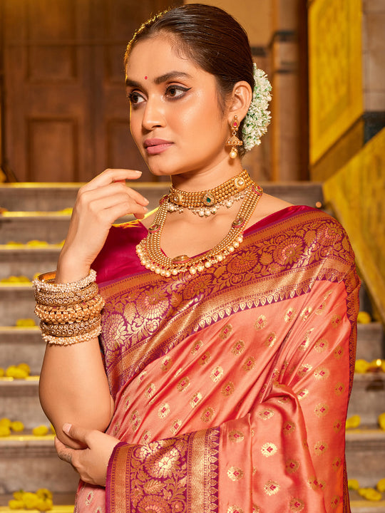 Peach Banarasi silk Saree With Blouse Piece