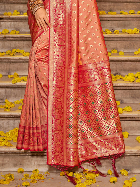 Peach Banarasi silk Saree With Blouse Piece