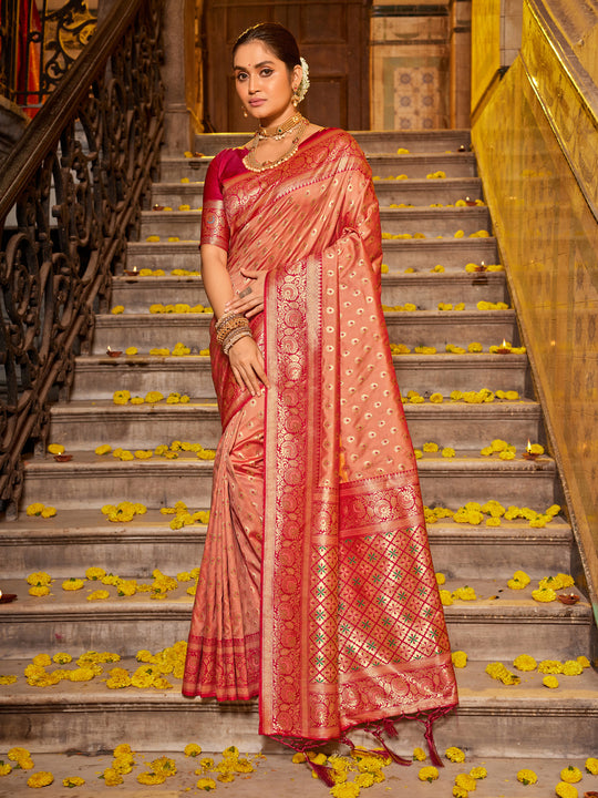 Peach Banarasi silk Saree With Blouse Piece