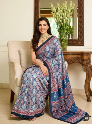 Printed Bandhani Ajrak Mirrorwork Saree