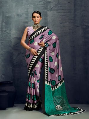 Green Printed Ajarakh Satin Crepe Saree With Blouse Piece