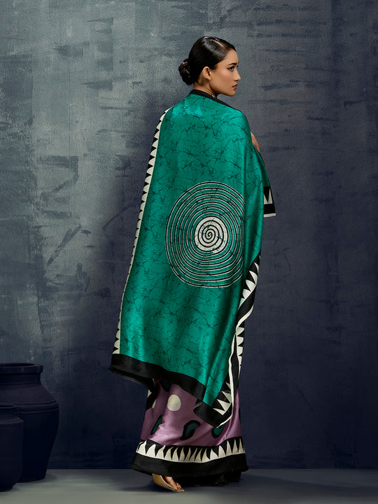 Green Printed Ajarakh Satin Crepe Saree With Blouse Piece