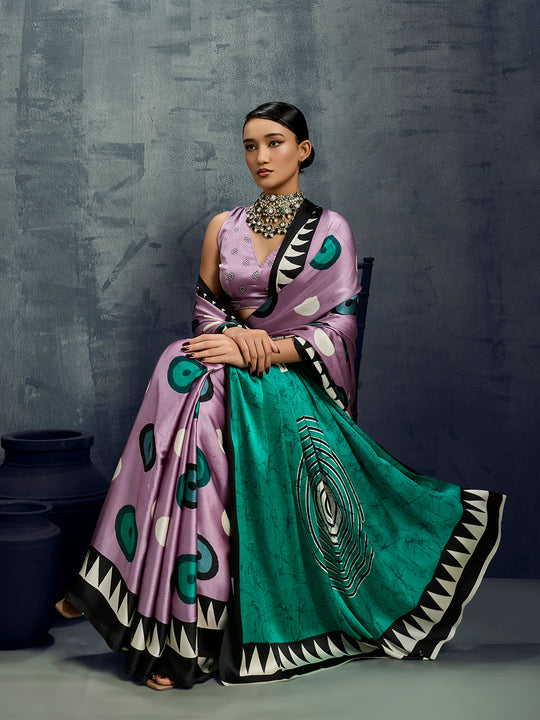 Green Printed Ajarakh Satin Crepe Saree With Blouse Piece