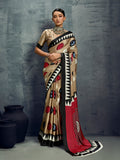 Cream Printed Ajarakh Satin Crepe Saree With Blouse Piece