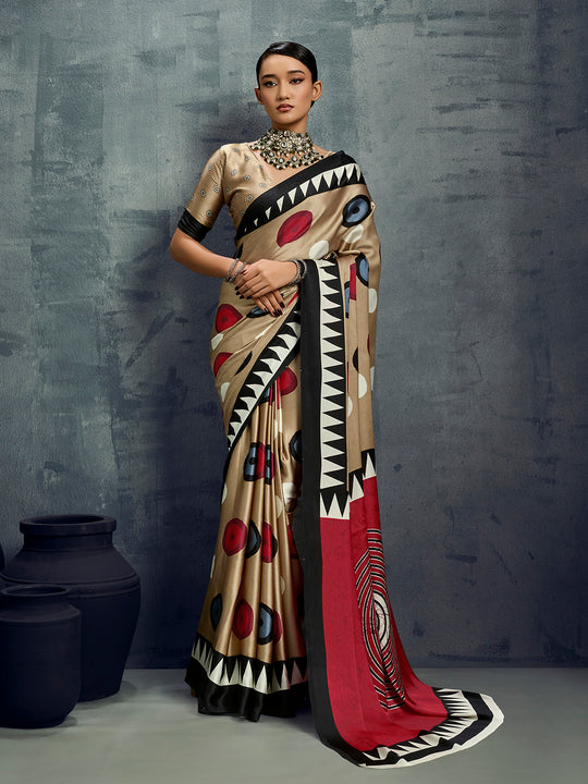 Cream Printed Ajarakh Satin Crepe Saree With Blouse Piece