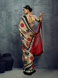 Cream Printed Ajarakh Satin Crepe Saree With Blouse Piece