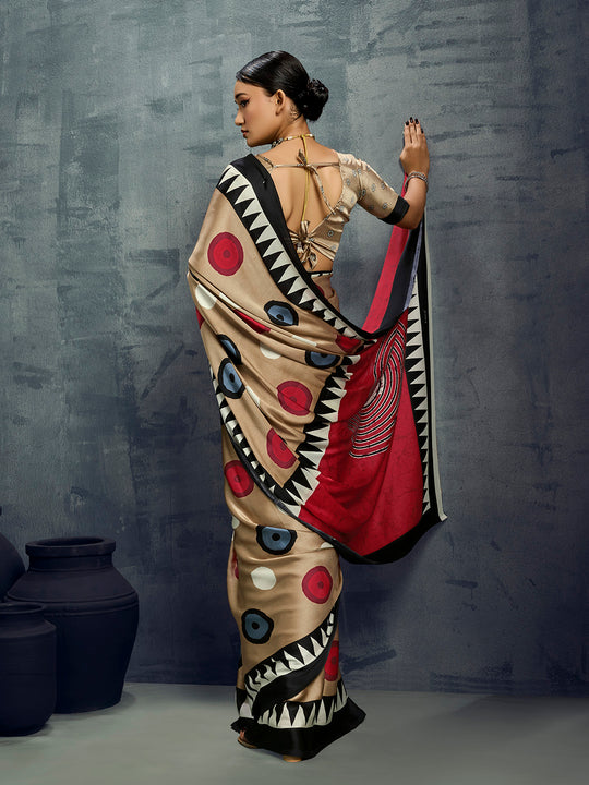 Cream Printed Ajarakh Satin Crepe Saree With Blouse Piece