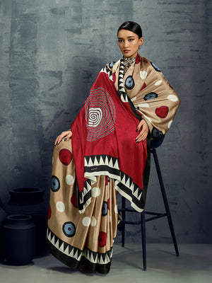 Cream Printed Ajarakh Satin Crepe Saree With Blouse Piece