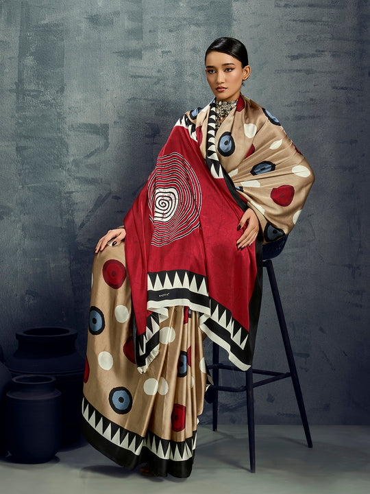 Cream Printed Ajarakh Satin Crepe Saree With Blouse Piece