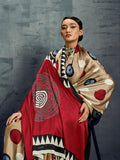 Cream Printed Ajarakh Satin Crepe Saree With Blouse Piece