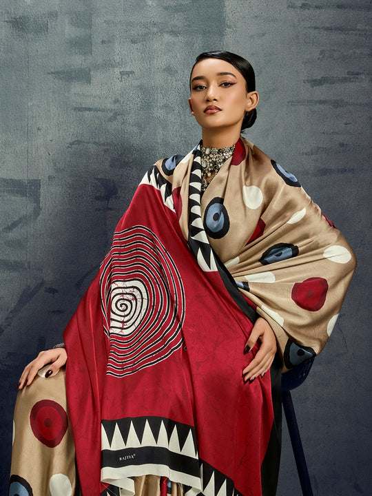 Cream Printed Ajarakh Satin Crepe Saree With Blouse Piece