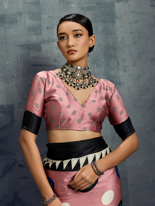 Pink Printed Ajarakh Satin Crepe Saree With Blouse Piece