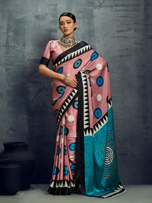 Pink Printed Ajarakh Satin Crepe Saree With Blouse Piece
