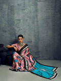 Pink Printed Ajarakh Satin Crepe Saree With Blouse Piece