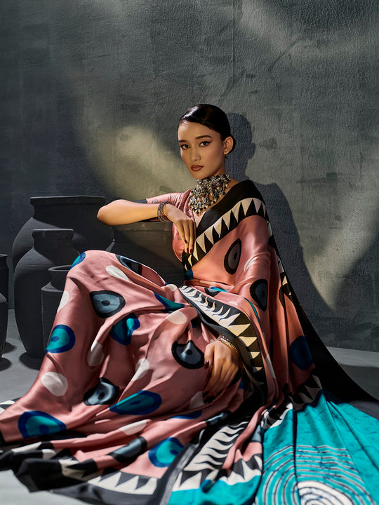 Pink Printed Ajarakh Satin Crepe Saree With Blouse Piece