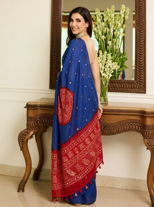 Printed Bandhani Ajrak Mirrorwork Saree