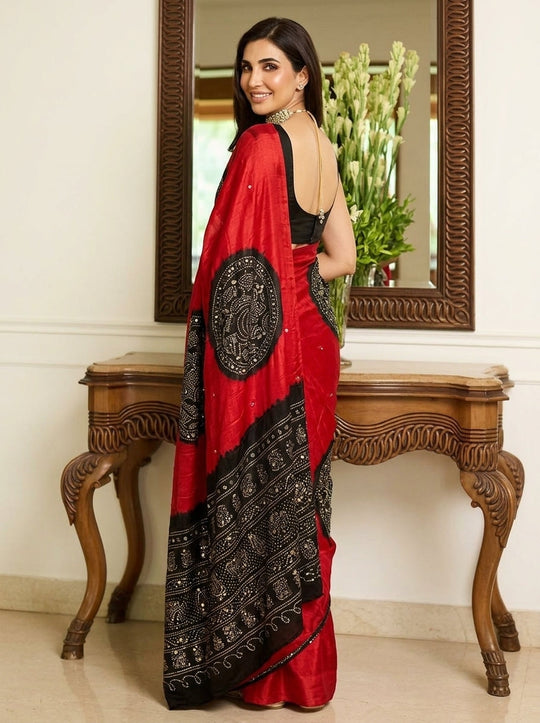 Printed Bandhani Ajrak Mirrorwork Saree