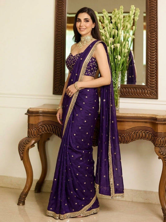 Embroidered Embellished Sequinned Satin Saree