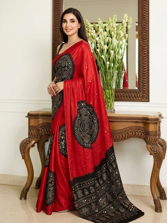 Printed Bandhani Ajrak Mirrorwork Saree
