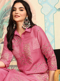 Floral Printed Regular Three-Quarter Sleeves Shirt Collar Kurta with Trousers