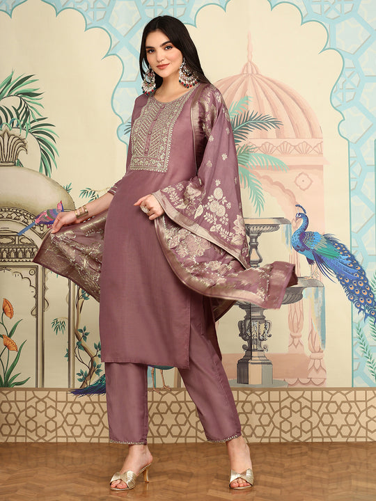 Floral Embroidered Sequinned Straight Kurta With Trousers & Dupatta