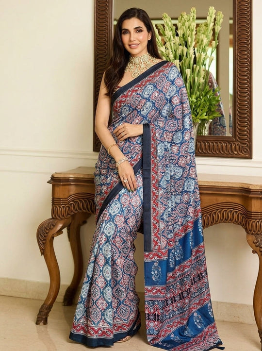 Printed Bandhani Ajrak Mirrorwork Saree