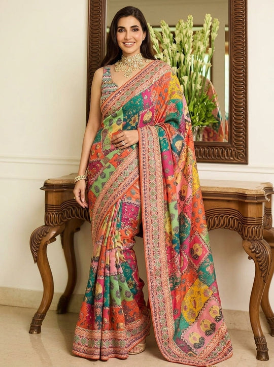 Printed Embellished Mirrorwork Chiffon Saree