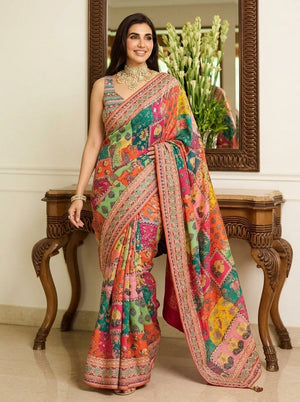 Printed Embellished Mirrorwork Chiffon Saree