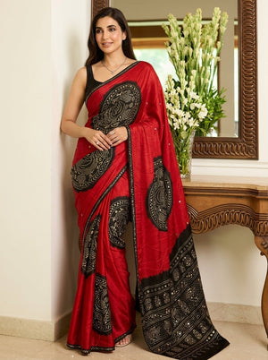 Printed Bandhani Ajrak Mirrorwork Saree