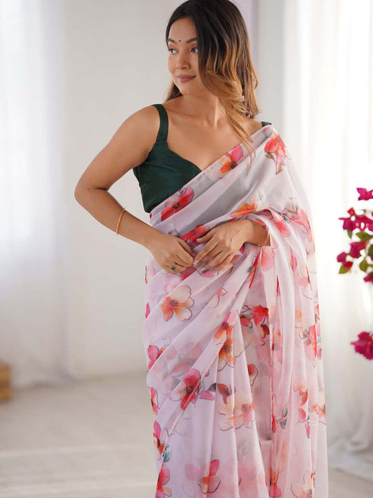 Multicolor Floral Printed Organza Saree With Blouse Piece