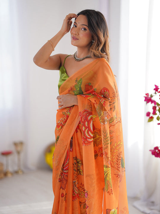 Orange Floral Printed Organza Saree With Blouse Piece